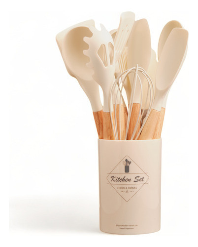 Set 12 Utensilios De Cocina Madera Y Silicona Color Crema 0