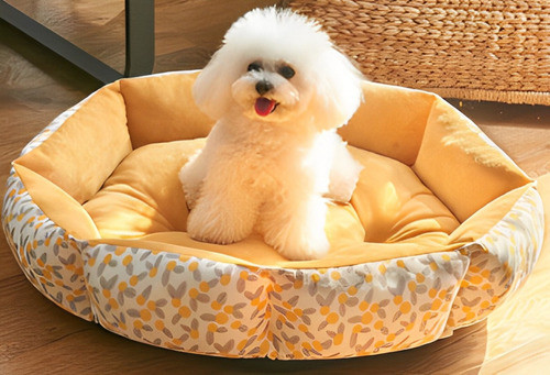 Cama Para Mascota Octogonal 50cm Acolchonada Amarilla 1