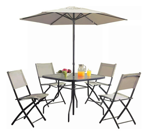 Juego Patio Jardín 4 Sillas Plegables Mesa Vidrio Sombrilla 0