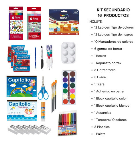 Kit Set Utiles Escolares Secundaria 16 Productos Colores 1