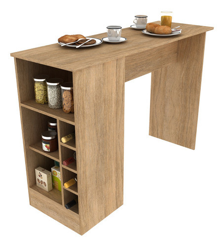 Mueble Barra Desayunador Con Estantería Y Vinera Simil Roble 0