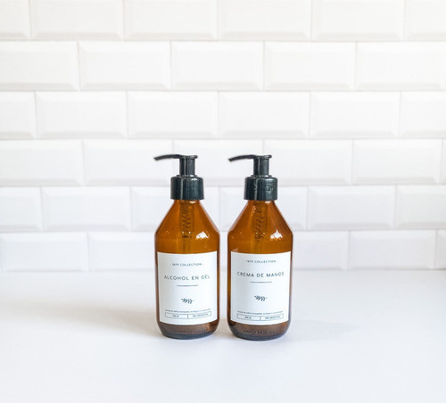 Set Dispenser Vidrio Ambar Crema De Manos - Alcohol En Gel 1