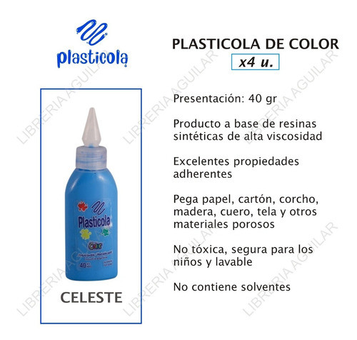 4 Plasticola Color Celeste 40gr Adhesivo Vinilico Escolar 1