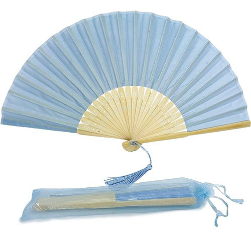 Abanico De Tela Sedada Con Cuerpo De Bambu Celeste Pastel 0