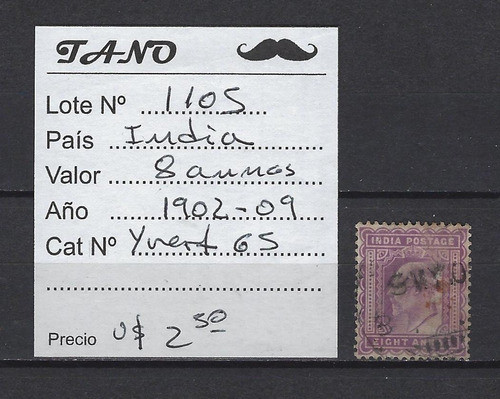 Lote1105 India 8 Annas Año 1902-09 Yvert# 65 1