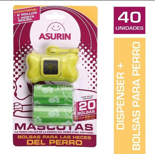 Bolsa Para Heces Mascota Asurin Porta,rollo + 40 Bolsas 0