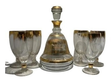 Antigua Licorera Cristal Con Detalles En Dorado 6 Copas 0