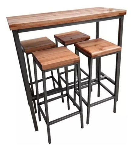 Desayunador Industrial Con 4 Banquetas Hierro Y Madera F008 0