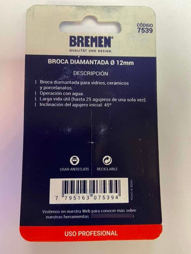 Mecha Broca Diamantada 12mm Bremen 7539 X 2 Uni Porcelanato 1