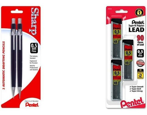 2 Lapices Mecanicos Punta 0,5mm + 90 Minas Pentel 0