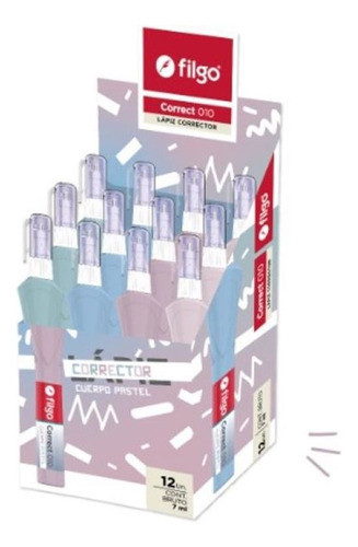 12 Lapiz Corrector Filgo 7 Ml Punta Metalica Cuerpo Pastel 0