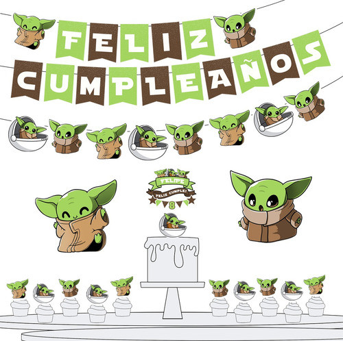 Kit Cumpleaños Decoración Topper Banderín Baby Yoda Grogu 0