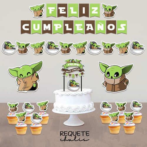 Kit Cumpleaños Decoración Topper Banderín Baby Yoda Grogu 1