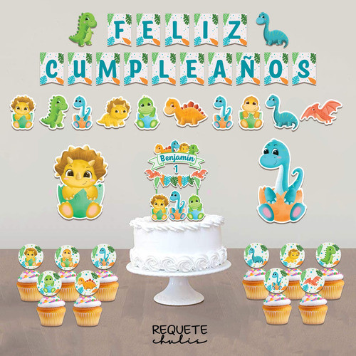 Kit Cumple Deco Toppers Banderín Stickers Dinosaurios Bebe 0