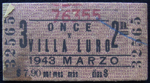 Antiguo Boleto Tren F. C. Oeste. Marzo 1943. 46185 0