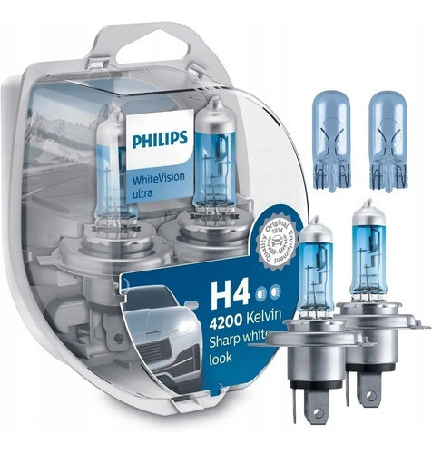 Kit 2 Lamparas H4 + 2 W5w T10 Philips White Vision 12v 0