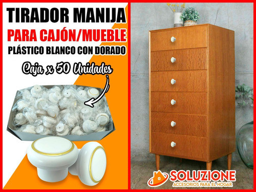 Tirador Mueble Plástico  Blanco + Dorado 30mm X 50 Unidades 1