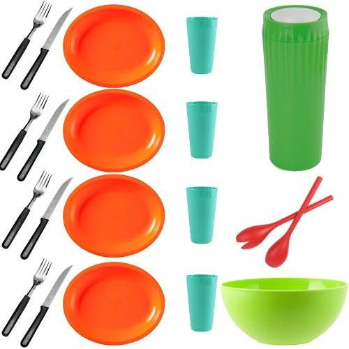 Set Vajilla 21 Pzs. Portatil Plastico Cubiertos Vasos Platos 0