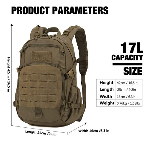 Mochila Tactica Senderismo Impermeable Khaki 17l 1