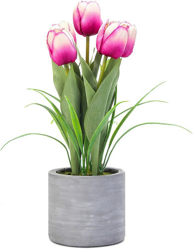 Tulipanes Artificiales En Maceta De Cemento - Rosa. 0