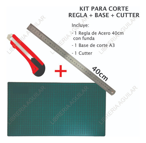 Kit Corte Regla Acero 40cm + Base A3 + Cutter Guia Metal 1