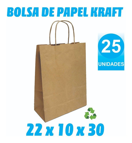 Bolsa Papel Kraft Marron Con Manija 22x10x30 Cm Pack X 25 U 0