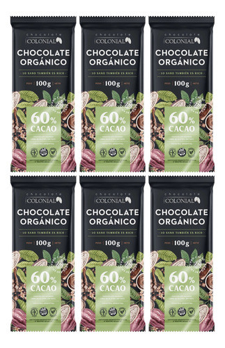 Barra Chocolate Organico 60% Cacao Colonial Sin Tacc 100g X6 0