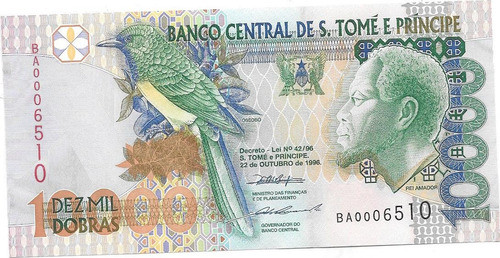 Billete Santo Tome Y Principe 10000 Dobras Año 1996 Pajaro 0