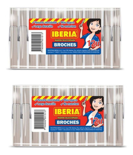 Broches De Madera Resorte Inoxidable Iberia X12 U - X 2u 0