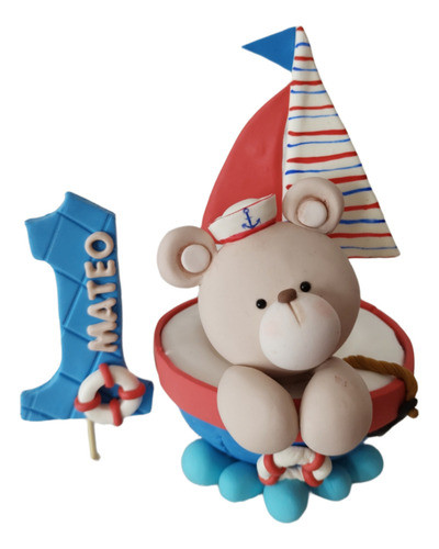 Adorno De Torta Navy Osito Marinero En Porcelana Fría. 0