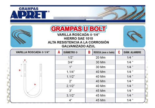 Grampa Abrazadera   U   Bolt Rosca De 1/4 - 4' 1