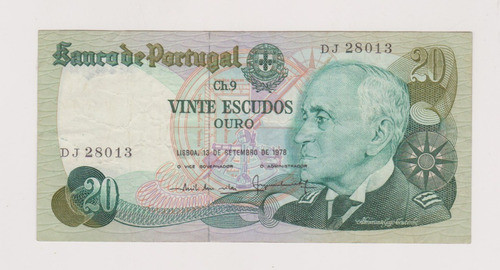 Billete Portugal 20 Escudos Año 1978 Muy Bueno + 0