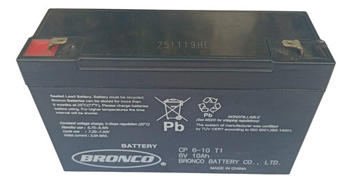 Bateria Recargable Alarma Luces Juguete Bronco Cp6-10 6v10ah 1
