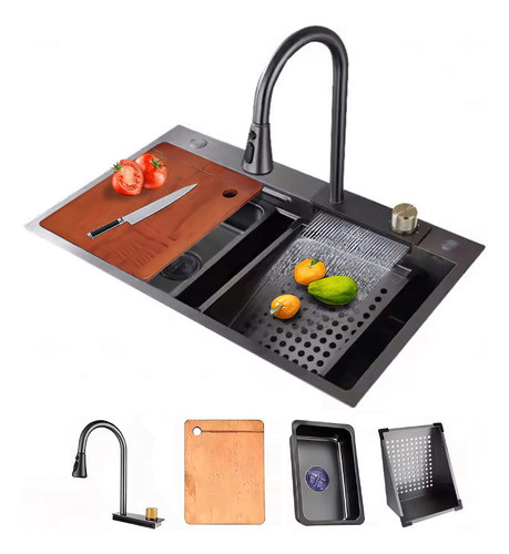 Pileta Cocina Inox. 304, 68*45cm, Gris Grafito. Kit Acces. 0