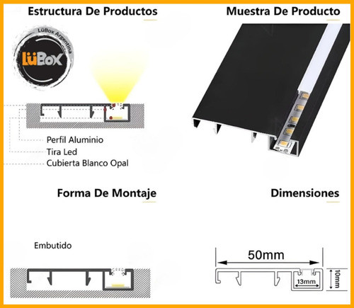 Pack 4 Perfil Zócalo Piso Led Aluminio Iluminación X 1 Metro 1