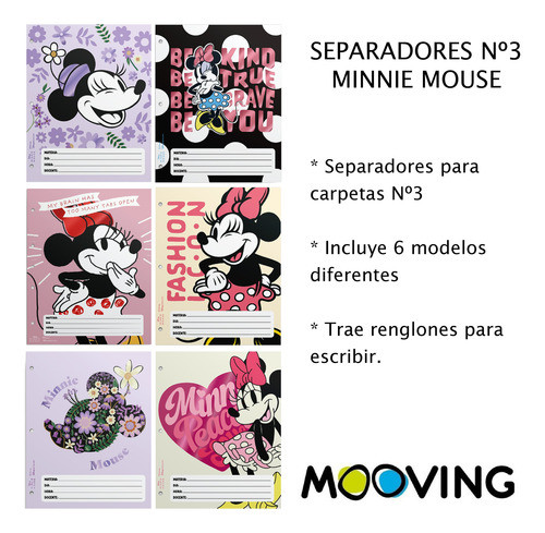 Separadores Mooving Nº3 Minnie Mouse Carpeta Escolar X6u 1