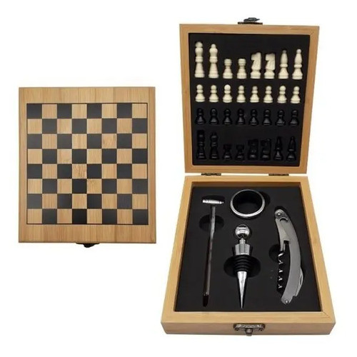 Set De Vino Tablero De Ajedrez Caja Madera Bambú Sacacorchos 1