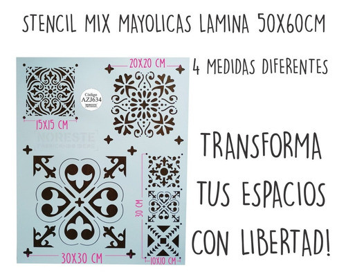 Stencil Mix Mayolica Azulejo Deco Pared Piso Varios Tamaños 0