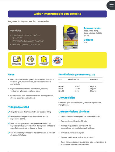 Pegamento P/ Cerámica Weber Impermeable Con Ceresita X 30 Kg 1