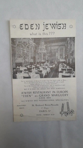 Folleto Antiguo Restaurant * Eden * Paris Déc 50 Propaganda 0