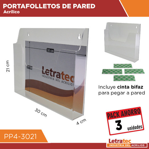 Porta Folletos Pared Acrílico A4 Pp4-3021-3 Pack/3 1