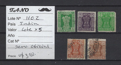 Lote1102 India Lote De 5 Estampillas Servicio Tasas Impuesto 1