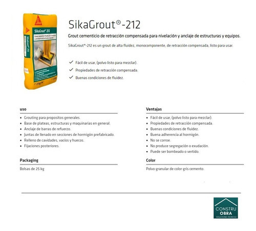 Sikagrout 212 Mortero Autonivelante Para Anclajes X 25 Kg 1