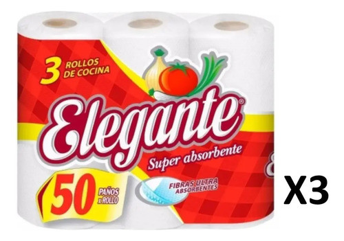 Rollo Papel Cocina Elegante 3 Packs X24 Rollos De 50 Paños 0
