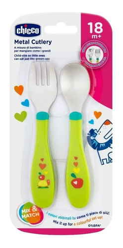 Tenedor Y Cuchara Chicco  Cubiertos Metalicos 18m+ 0
