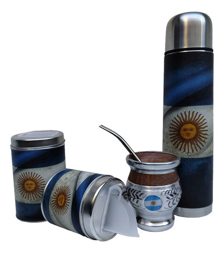 Set Matero Bandera Argentina Termo 1 L Acero Mate Algarrobo 0