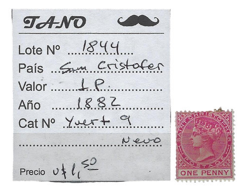 Lote1844 San Cristofer 1 Penny Año 1882 Yvert# 9 Nuevo 0