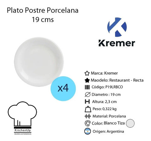 Platos Postre 19cm Porcelana Blanca Restaurant Recta X4 1