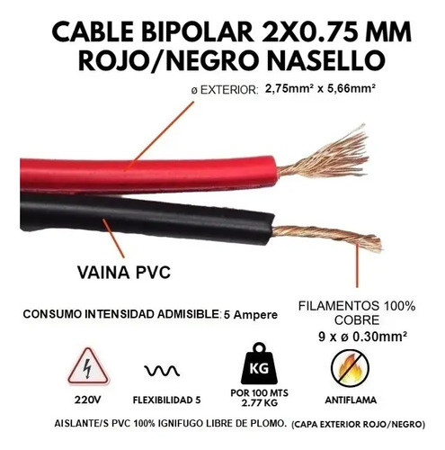 Cable De Audio Bafle Rojo Y Negro 2x0.75mm Por 100 Mts 1