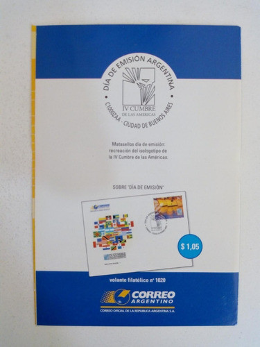 Volante Filatélico 1020. Iv Cumbre De Las Américas 1